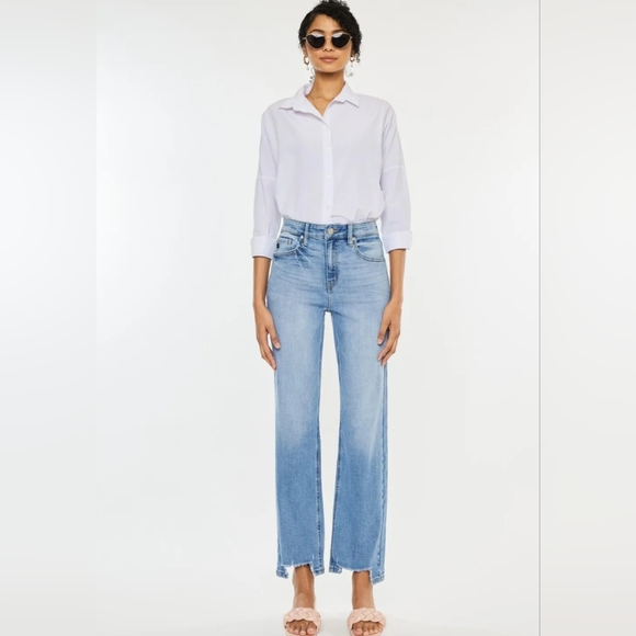 KanCan High-Rise Waist Distressed Raw Hem Wide Straight Leg Mom Denim Jean Pants - Picture 11 of 14